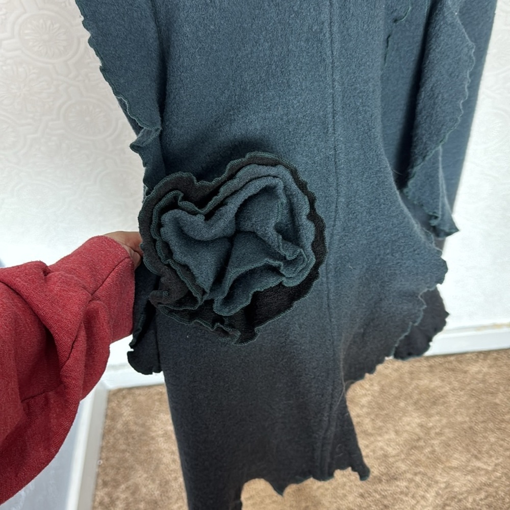 CoVelo Wool Coat Teal Longline Flutter Flower Ombré Artsy Art To‎ Wear Lagenlook - Picture 4 of 8